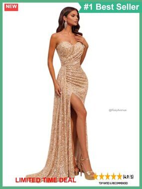 Sequin Tulle Strapless Formal Evening Gown Floor Length Prom Dress